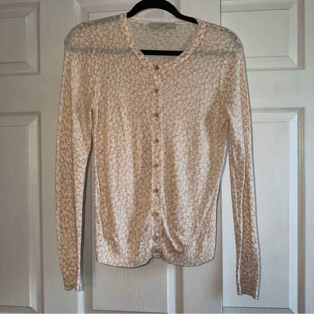 LOFT Beige and White Floral Cotton Cardigan
